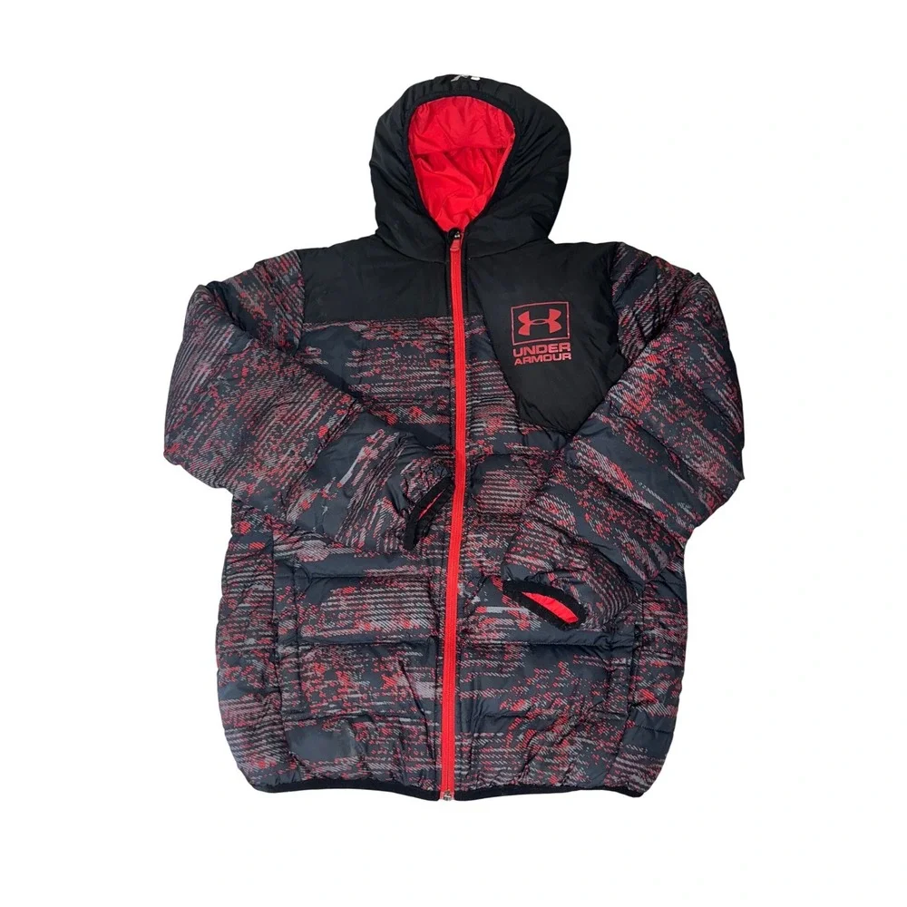 Under Armour ColdGear Boys Puffer Jacket Black Red Digital Print Boys Large Down